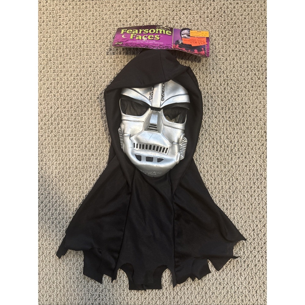 Vintage 1990s Fearsome Faces Halloween Rubber Mask And Pointed Hood Robot Style